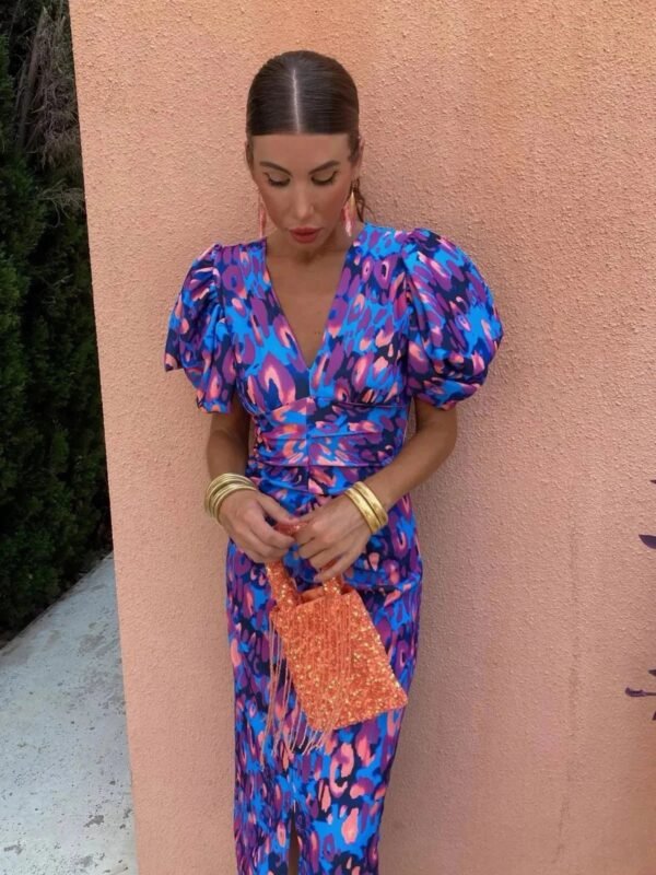 Alyssa – Colourful Dress with Pleated Sleeves and Elegance - Image 2