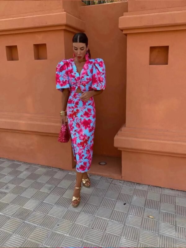 Alyssa – Colourful Dress with Pleated Sleeves and Elegance - Image 3